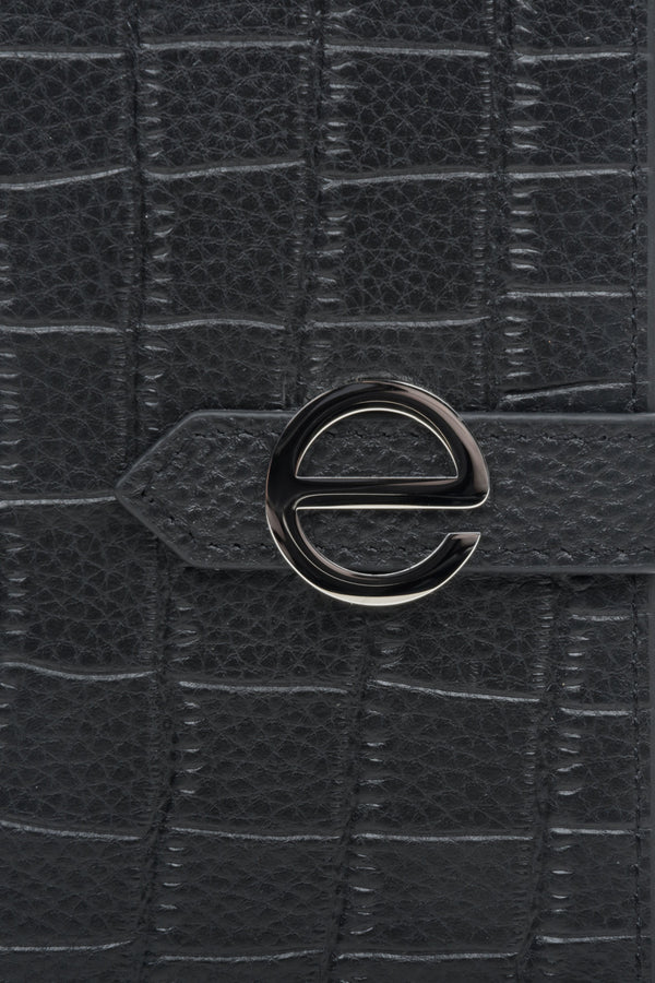 Women's large black leather wallet by Estro - close-up on details.