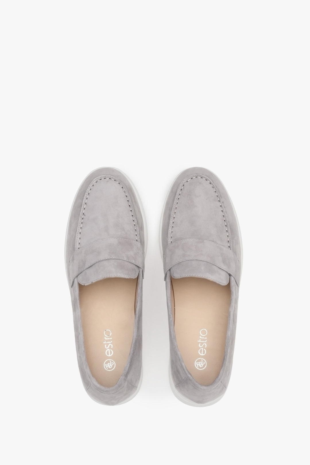 Women's grey Estro moccasins for fall, made of genuine velour - presentation of footwear from above.