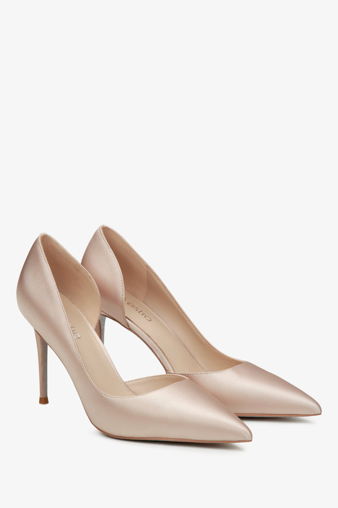 Women's powder pink Estro high heels with a satin finish.