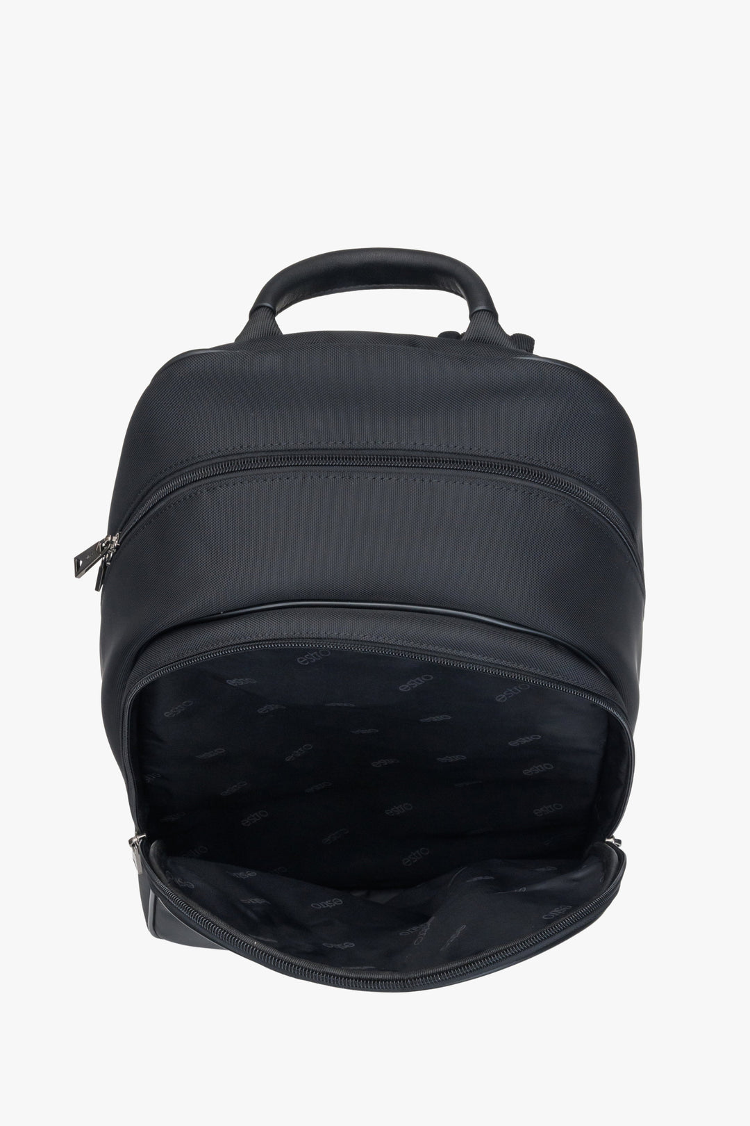Urban men's  black backpack by Estro - close-up on the interior of the backpack.