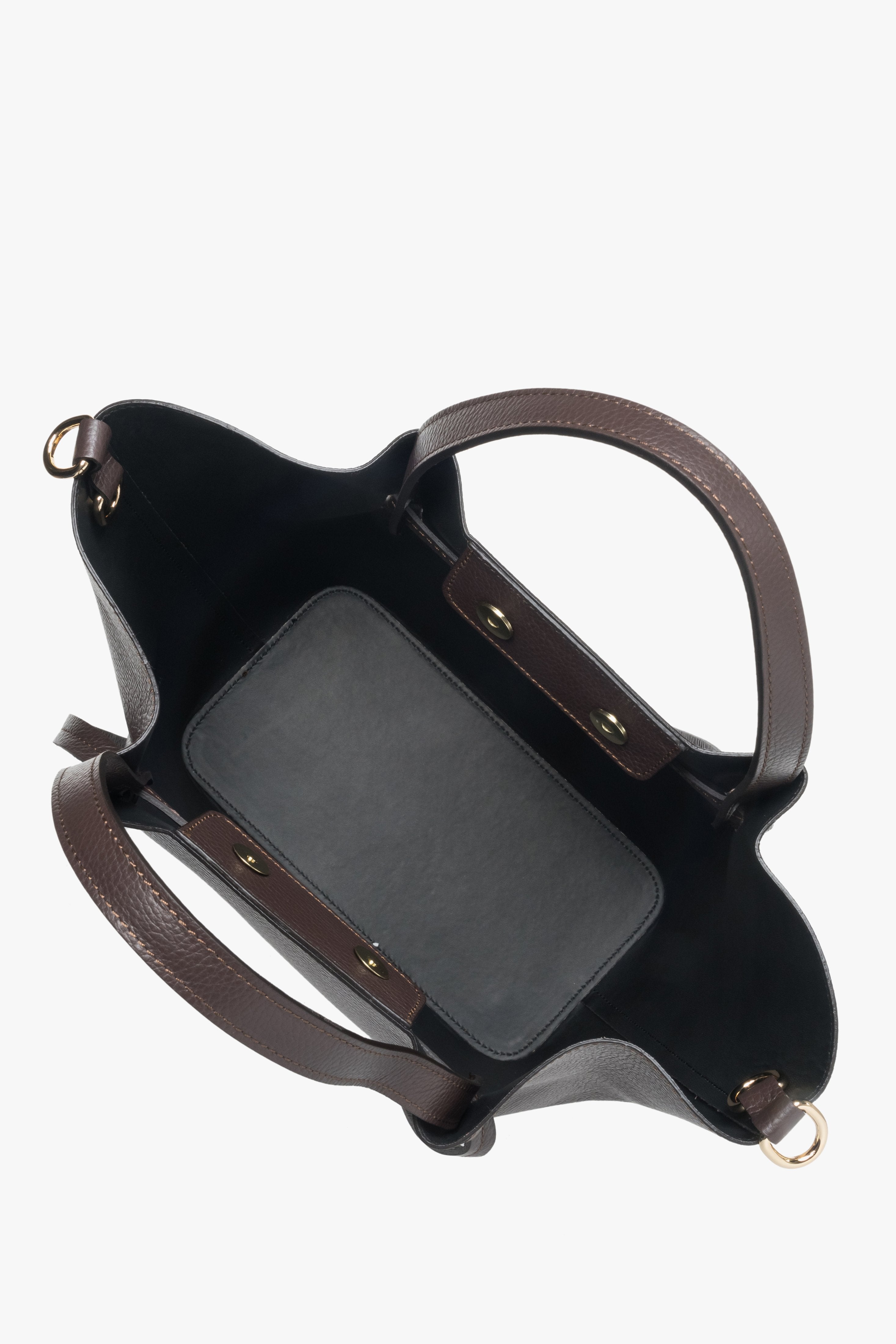 Dark brown boat-shaped leather handbag made of Italian genuine leather - interior presentation.