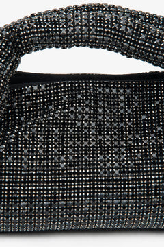 Stylish black evening women's bag, embellished with crystals and complemented by a textured handle from Estro.
