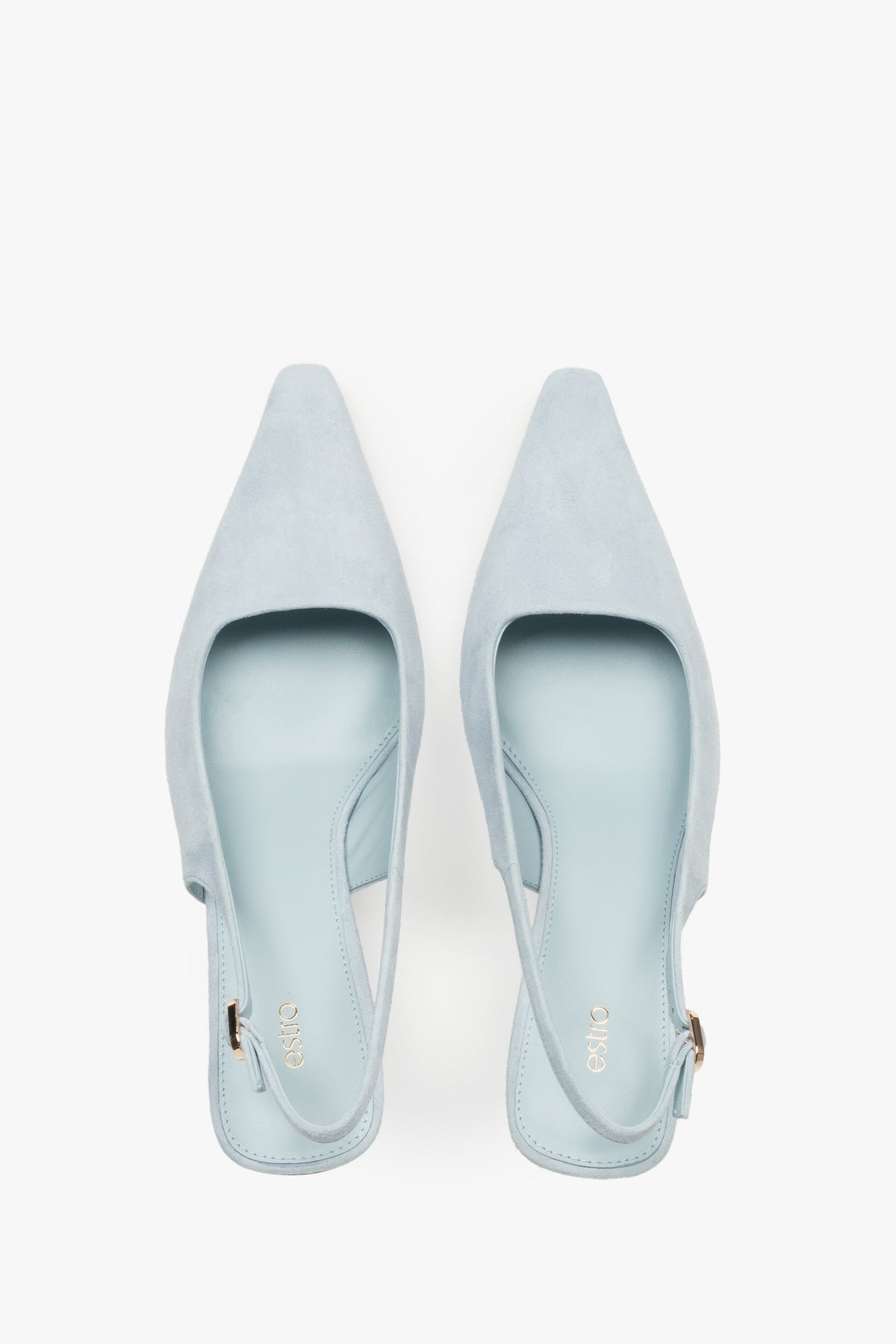 Stylish women's pumps by estro in a blue shade, made of soft velour, slingback style, set on a comfortable low heel.