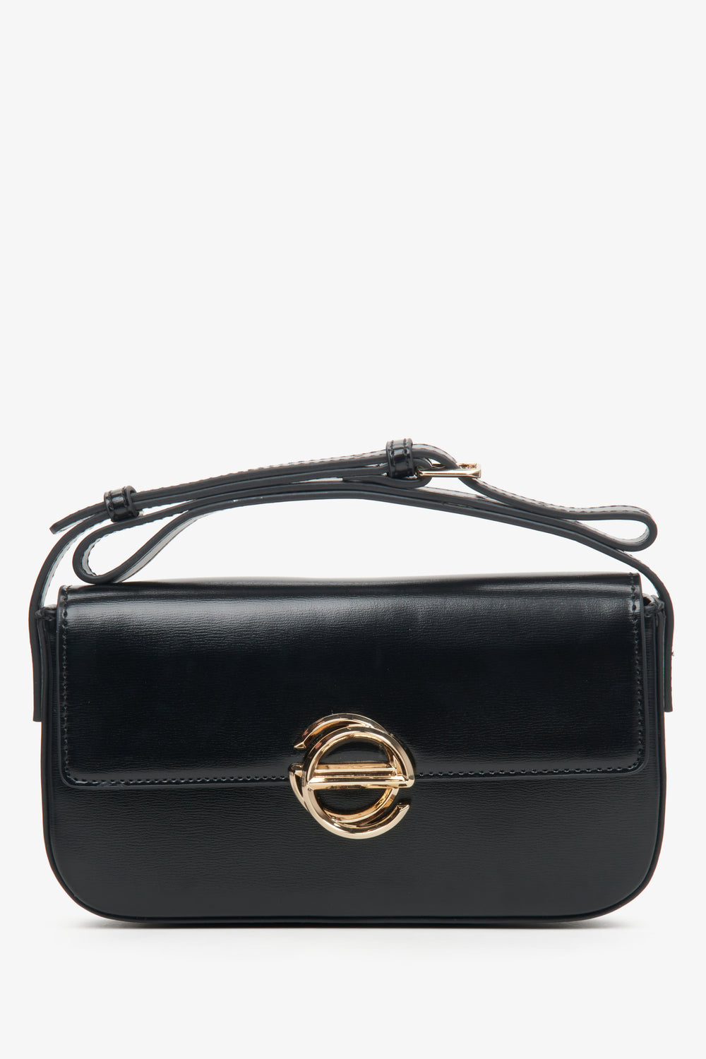 Women's leather black shoulder bag with golden hardware by Estro.