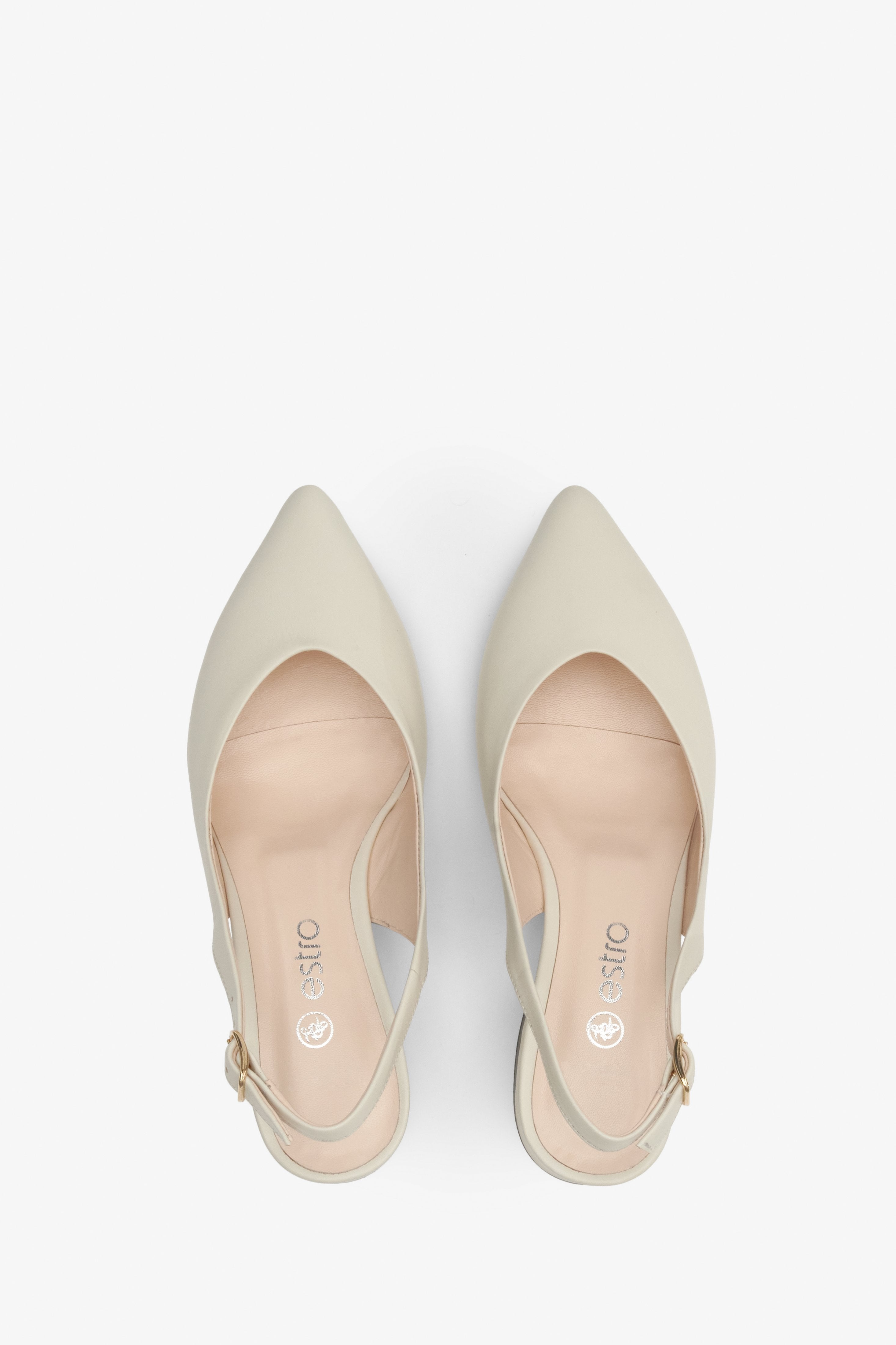 Women's light beige open-back pumps by Estro - top view shoe presentation.