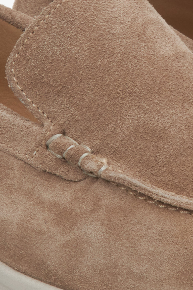 Women's loafers in light brown velour - close-up on details.