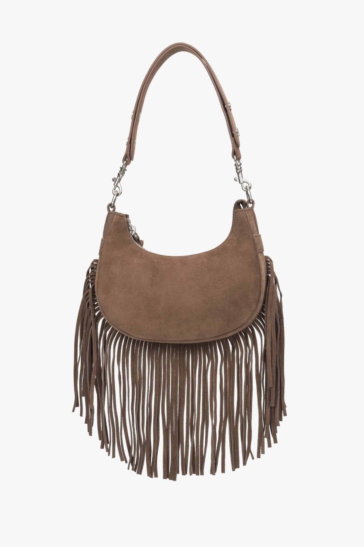 Dark brown velour women's shoulder bag with fringes.