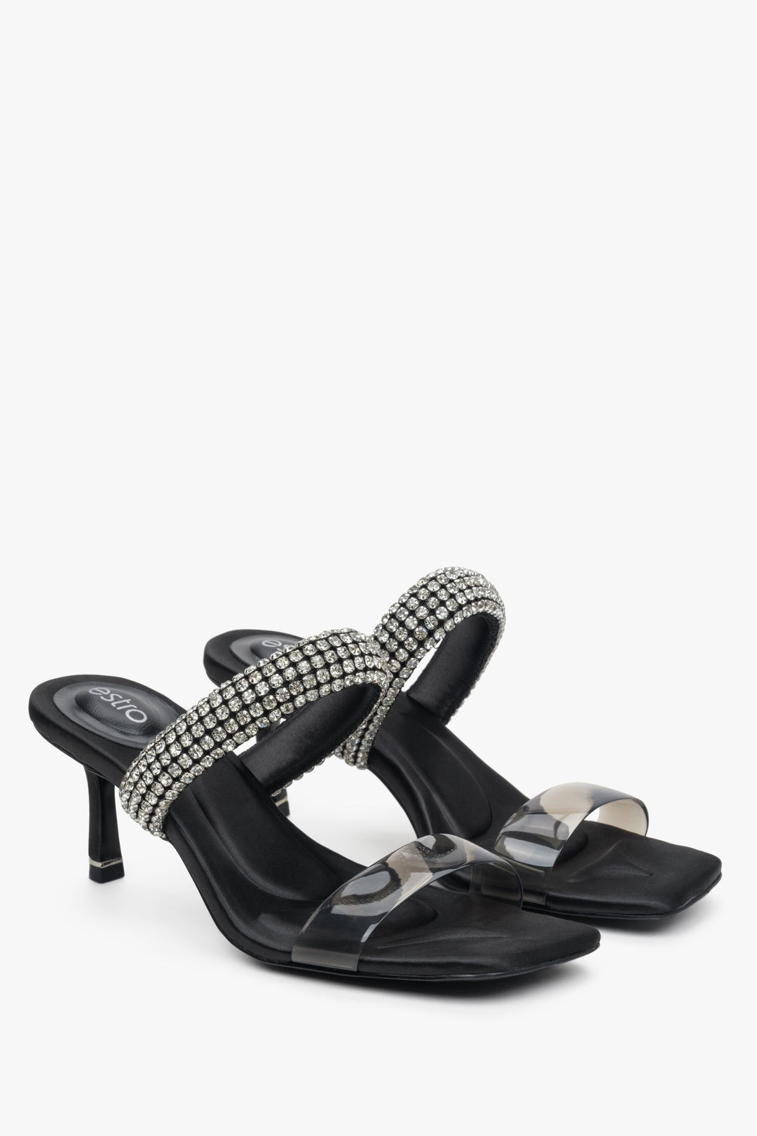 Women's black heeled mules with zirconia, Estro brand.