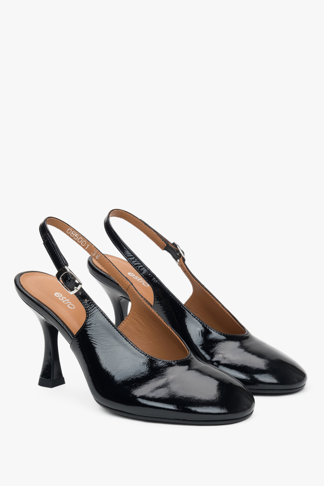 Black patent leather slingback heels made of Italian leather – Estro Premium.