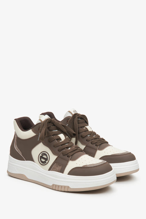 Women's high-top leather sneakers by Estro in brown and beige.