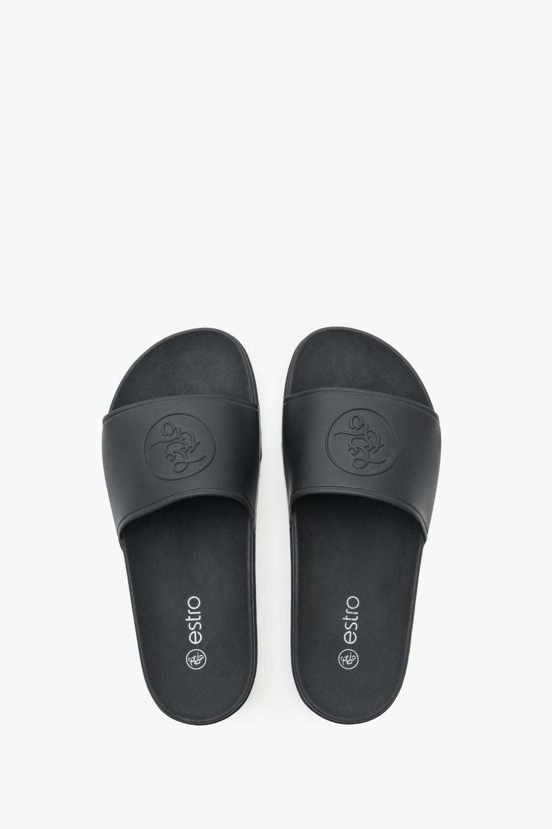 Women's black Estro rubber pool slides - presentation of the footwear from above.