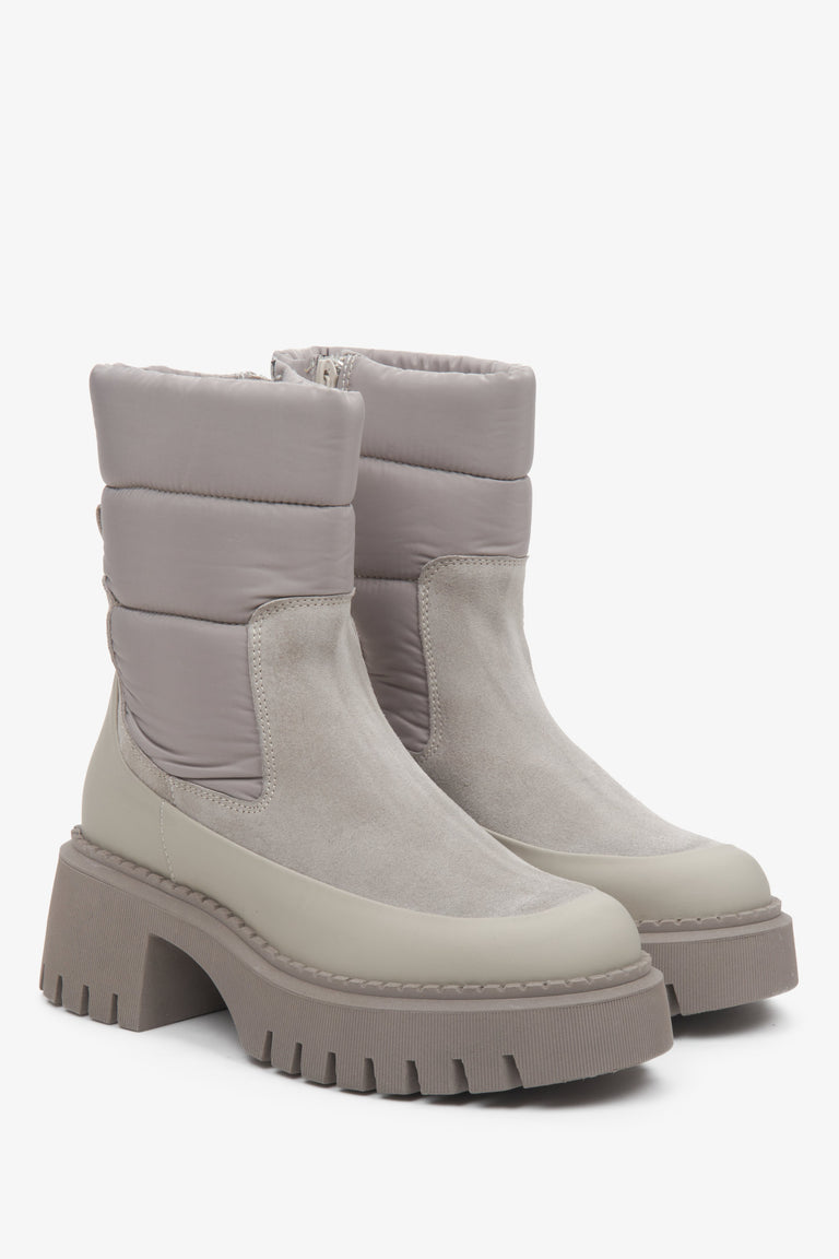 Comfortable grey Estro women's winter boots - close-up on the side seam and toe.