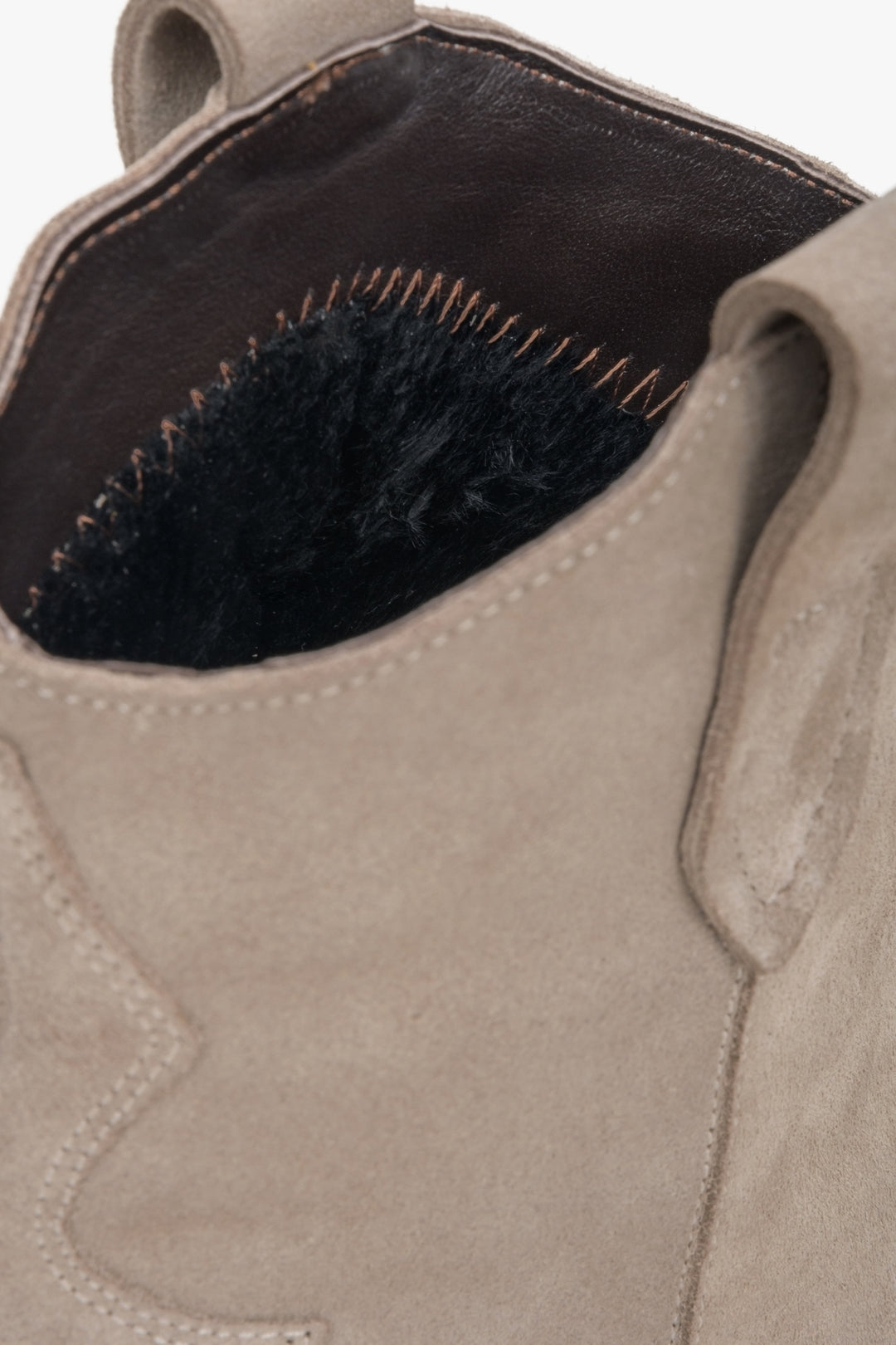 Women's beige velour cowboy boots by Estro - close-up on details.