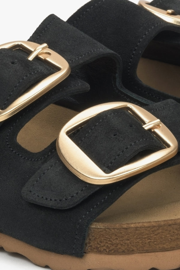 Women's black Estro sandals - close-up detail.