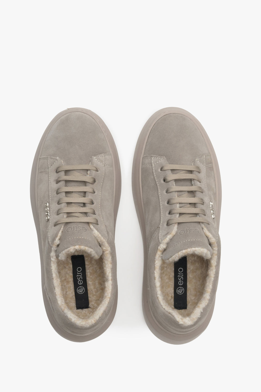 Women's low-top grey suede sneakers with natural fur for winter.