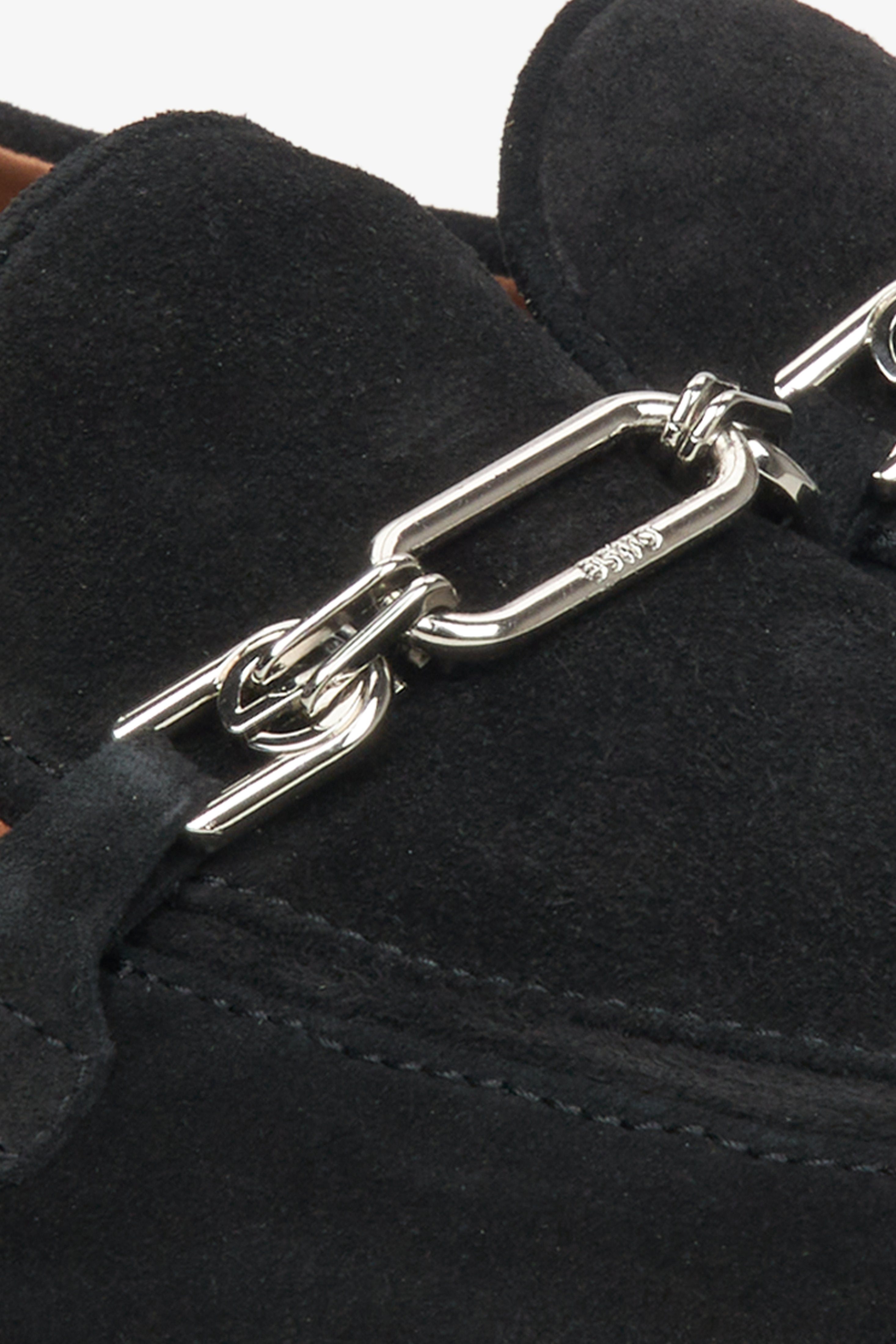 Black women's loafers made of Italian genuine velour - close-up of the details.