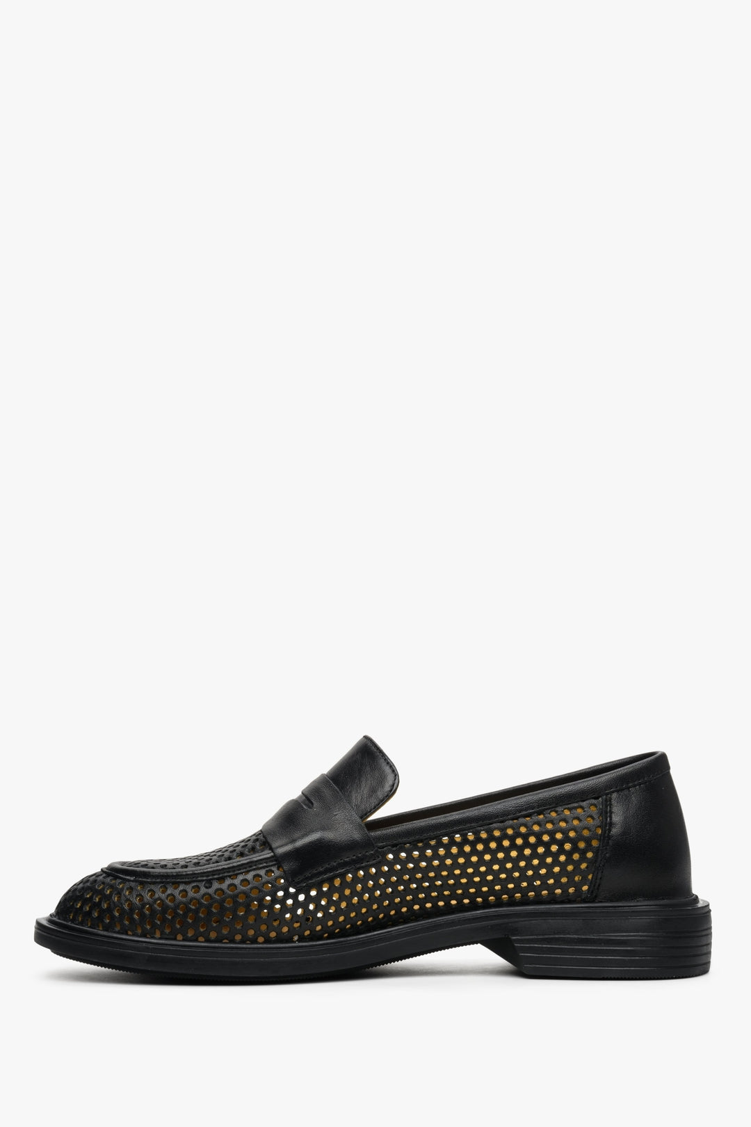 Women's black perforated genuine leather loafers for fall by Estro - shoe profile.