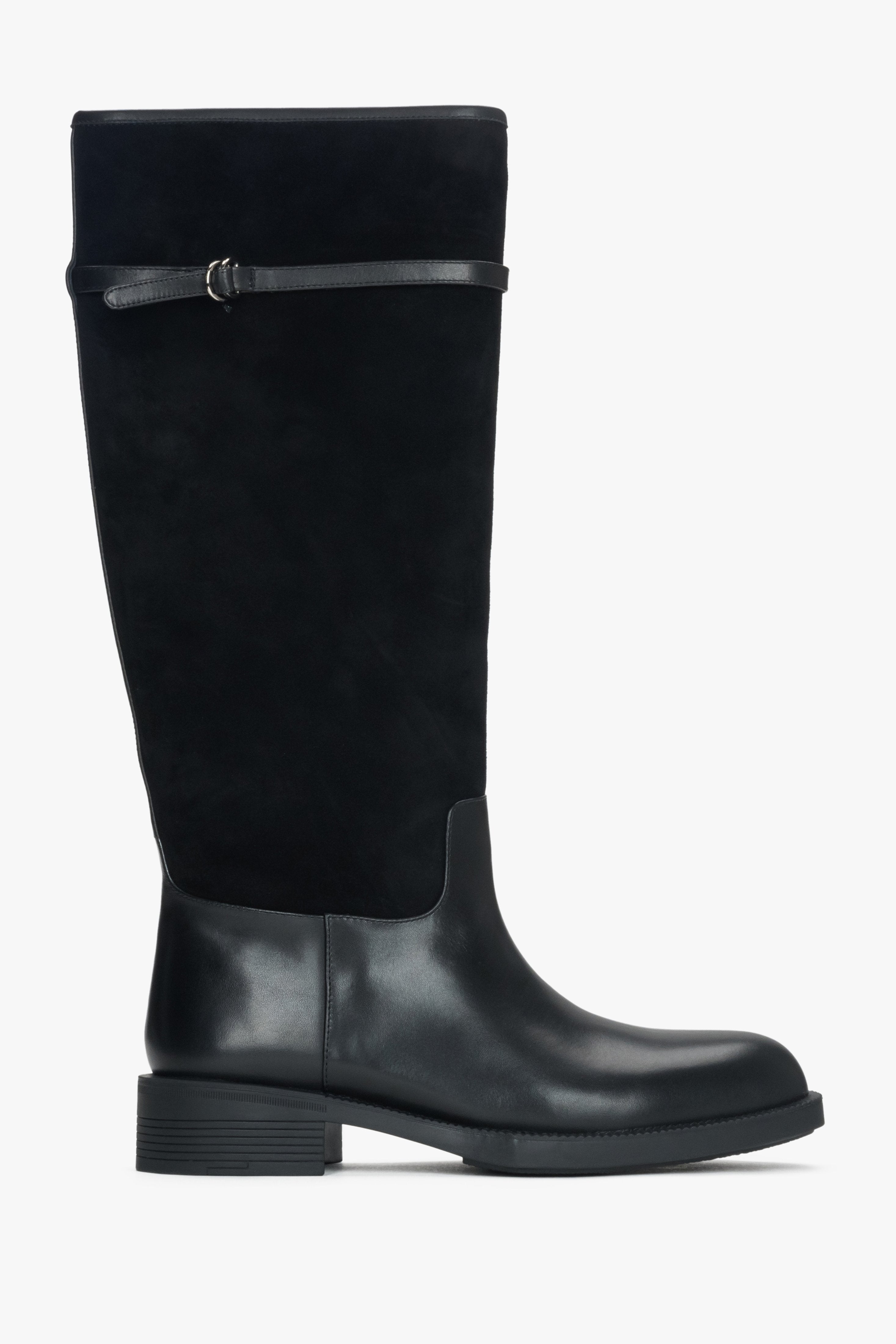 Women's Black Knee-High Boots made of Velour and Genuine Leather with a Decorative Buckle Estro ER00115893.