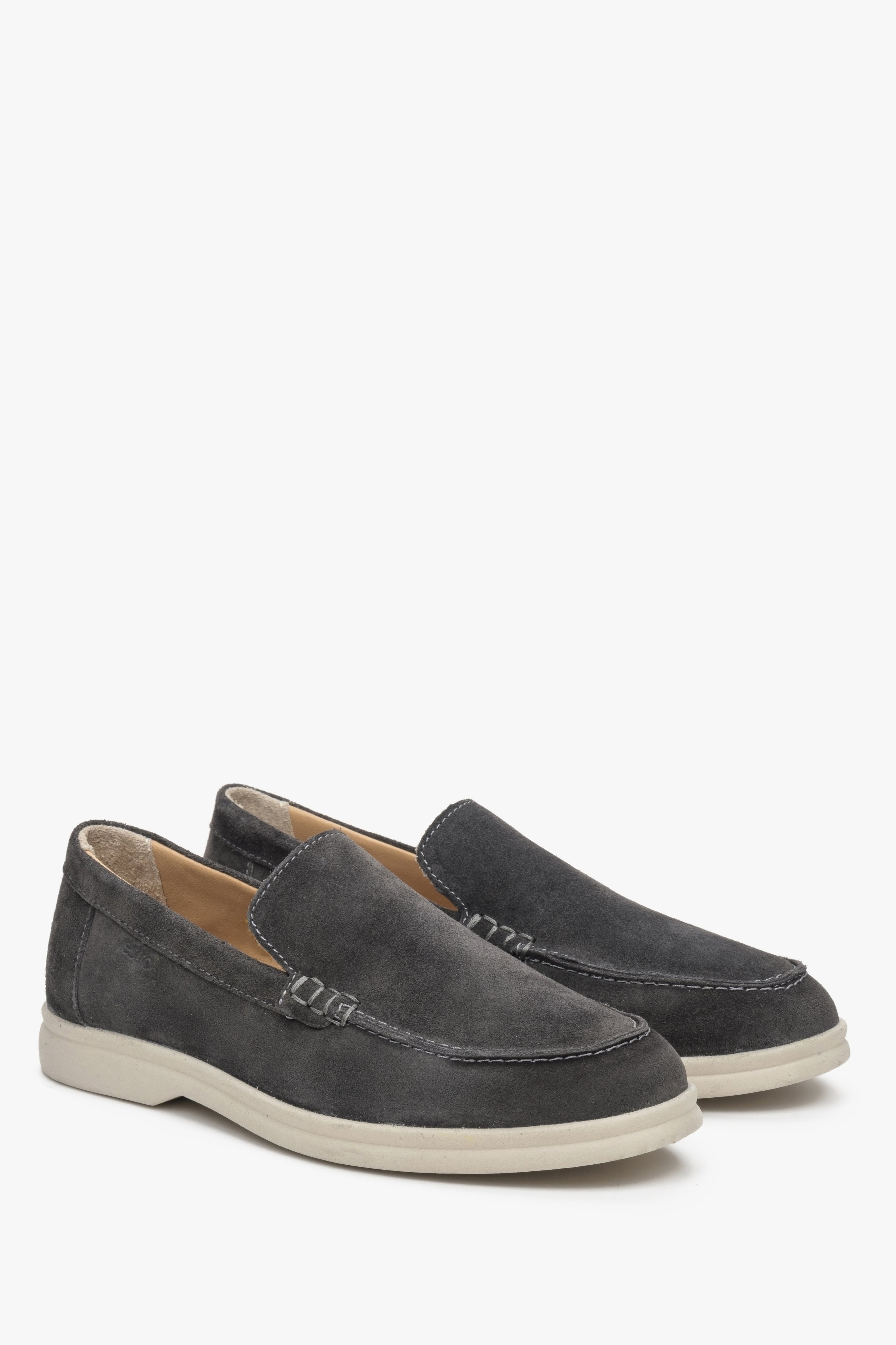 Elegant dark grey velour loafers for her - presentation of a shoe toe and sideline.