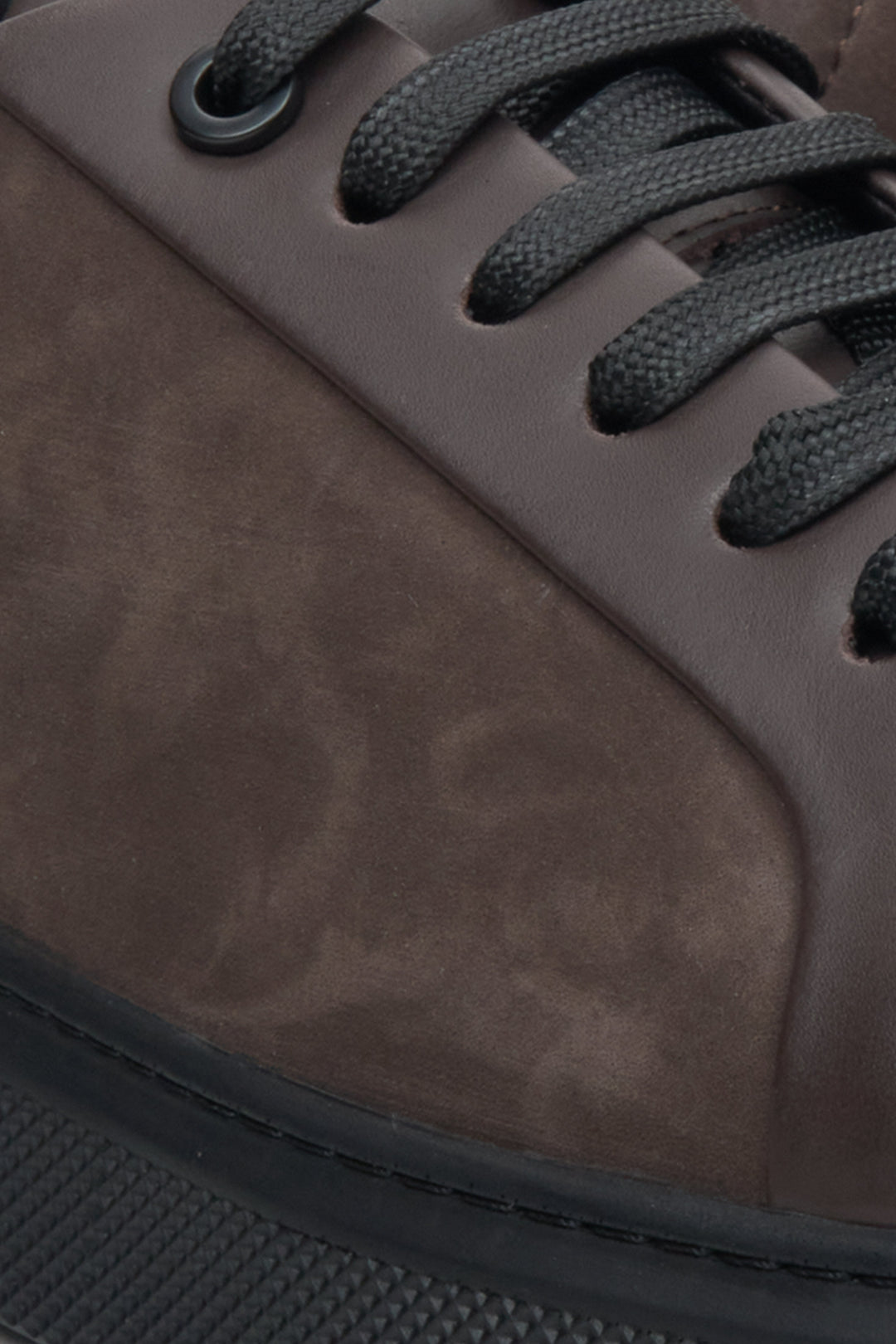 Brown velvet and leather men's sneakers by Estro - close-up on details.