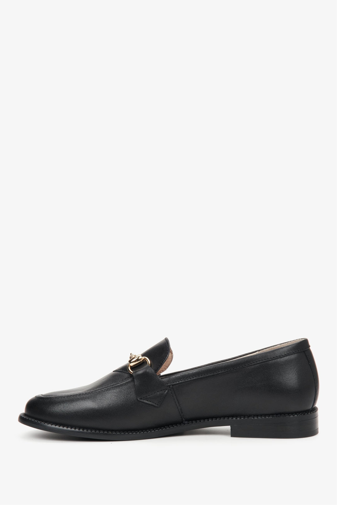 Black women's Italian leather loafers with gold buckle - shoe side.