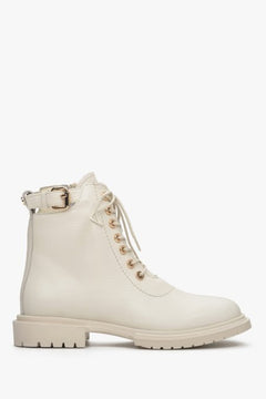 Women's high beige genuine leather winter boots by Estro - side view of the boot.