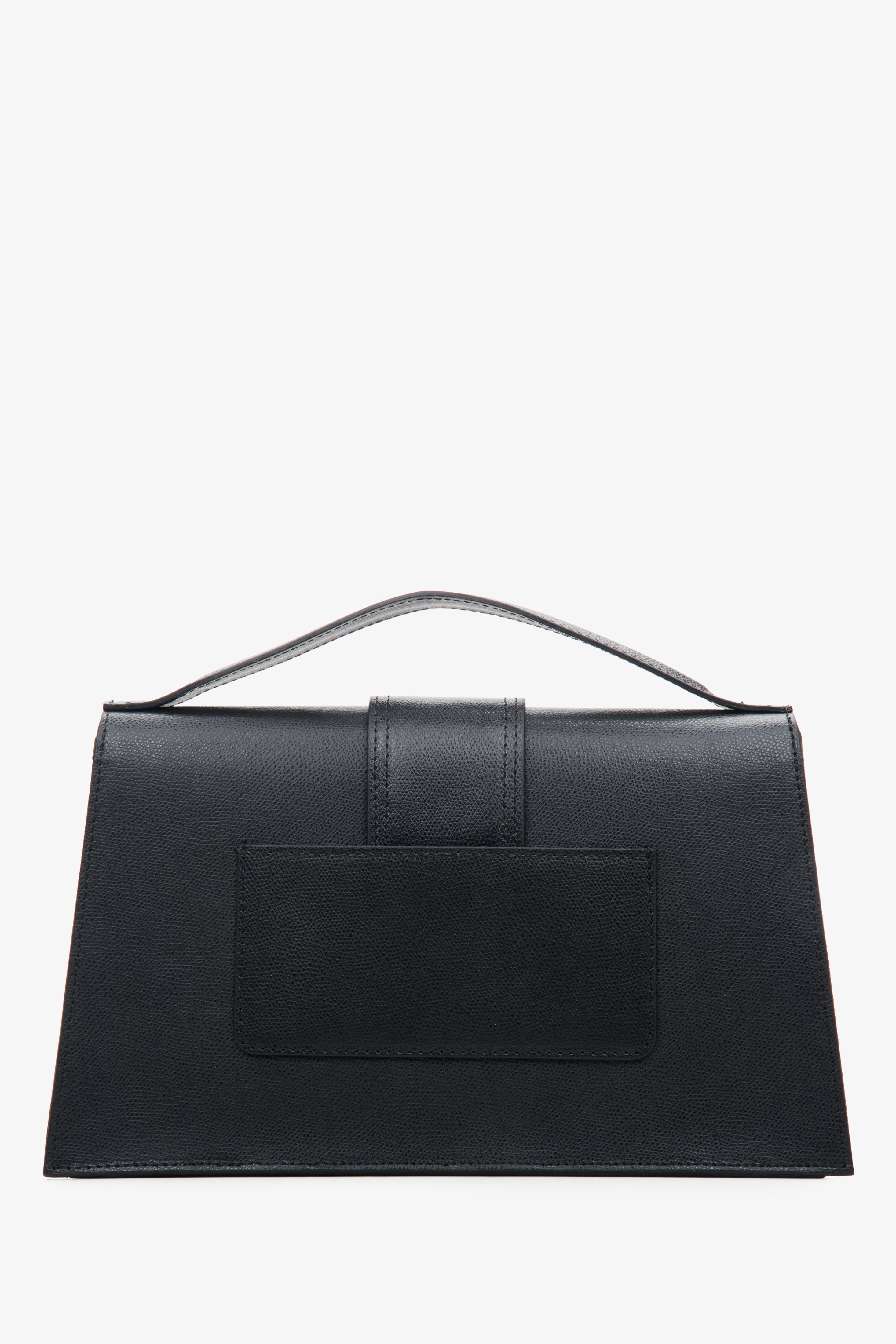 Women's black leather handbag with a flap by Estro - back view.