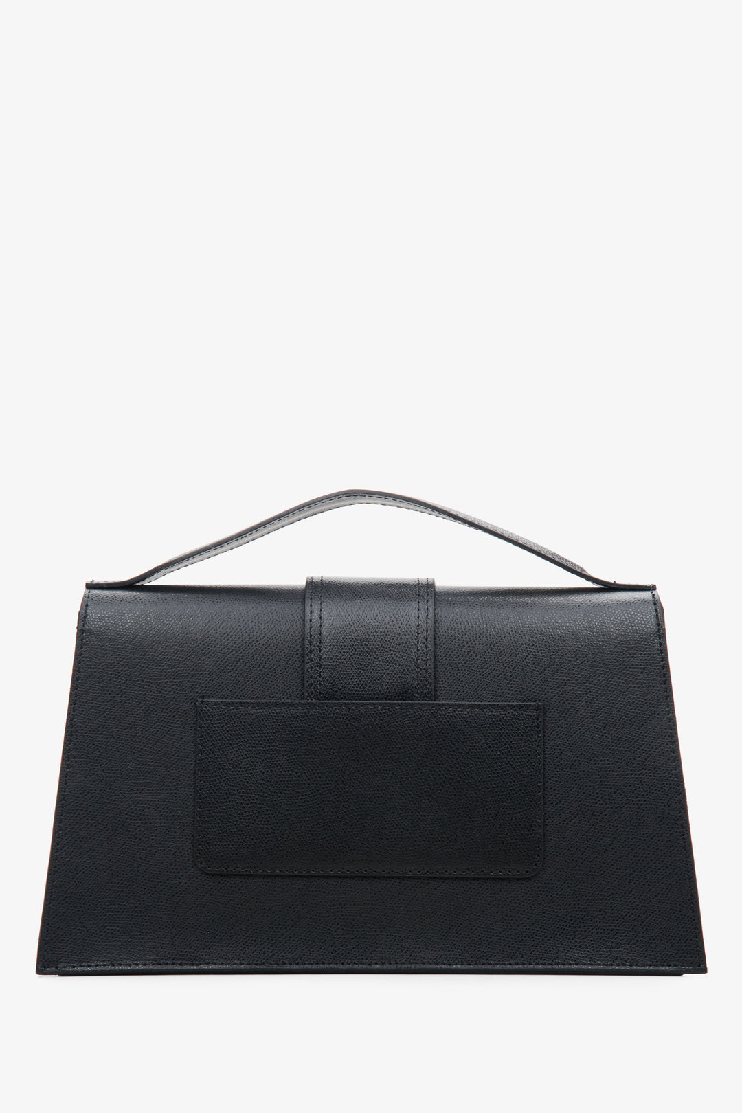 Women's black leather handbag with a flap by Estro - back view.
