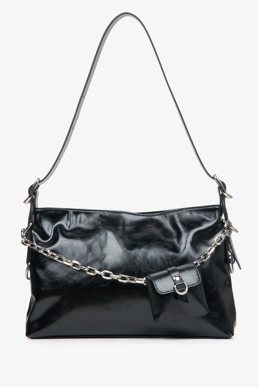 Women's Black Shoulder Bag with a Silver Chain Estro ER00114933.