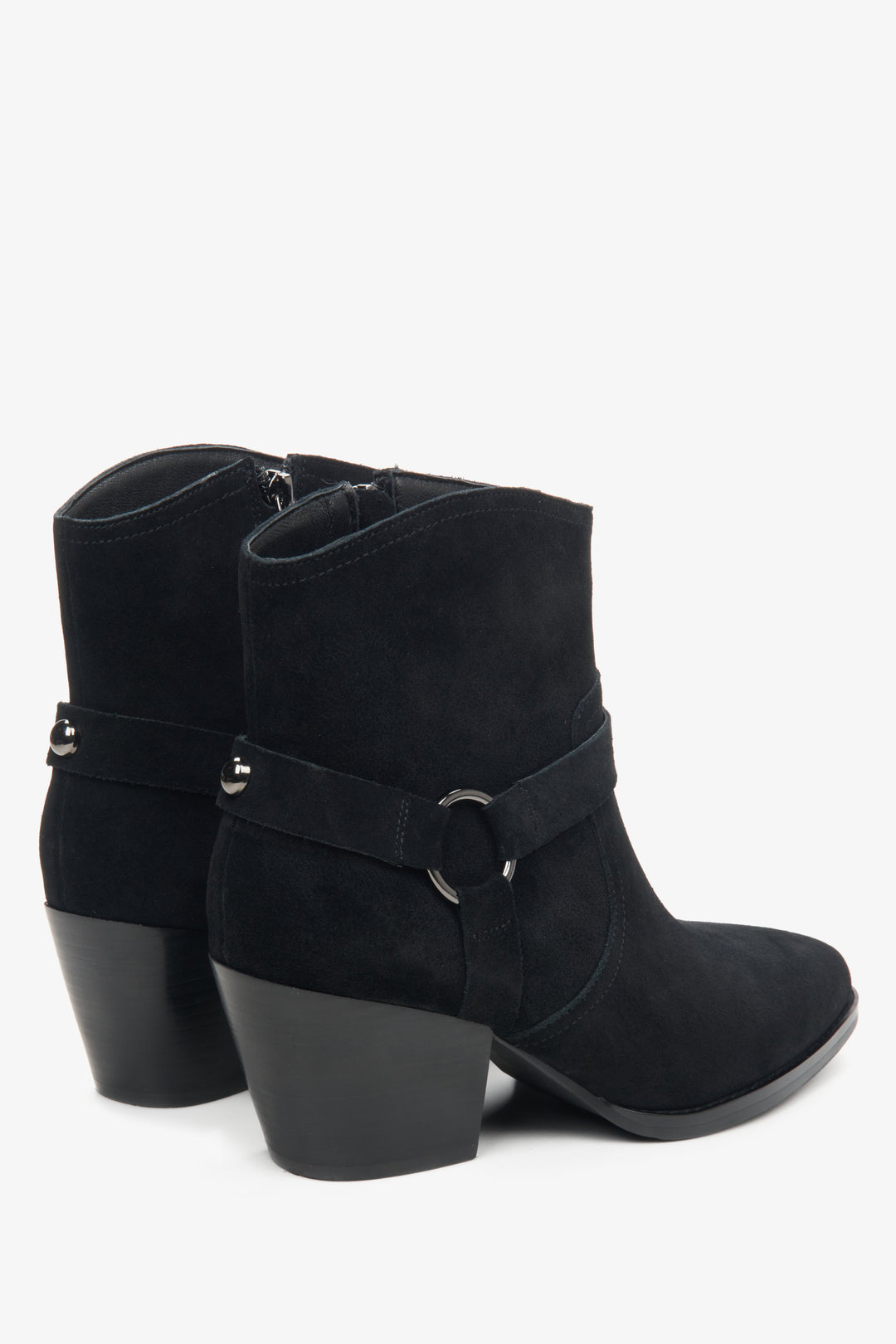 Women's low top black suede cowboy boots by Estro - close-up on the side line and heel line.