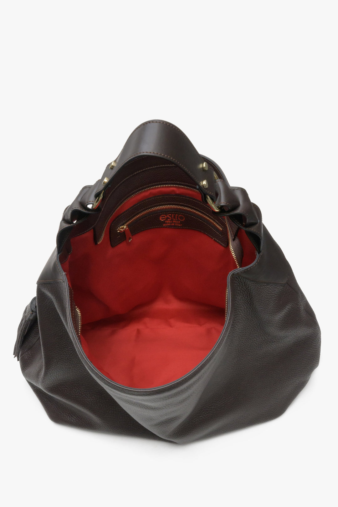 Women's dark brown leather hobo bag - close-up of the interior model.