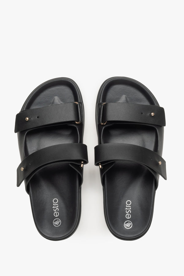 Women's black leather slides by Estro - top view presentation.