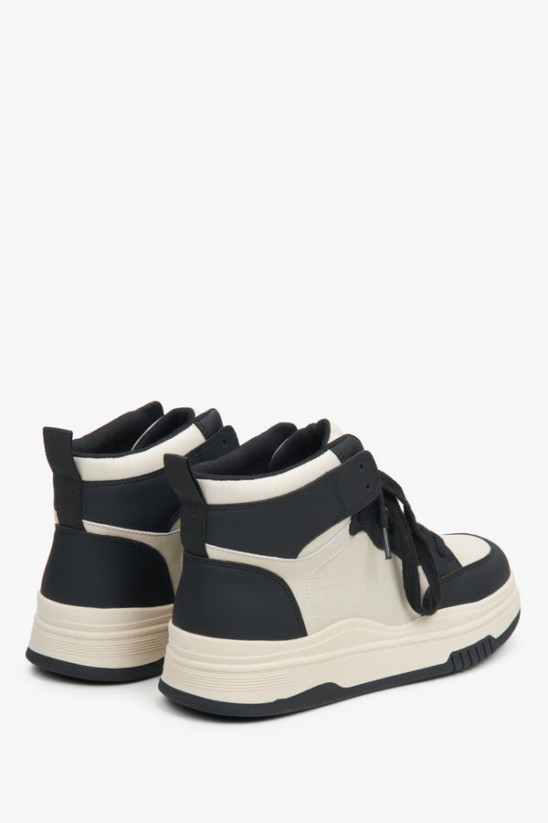 Beige-black high-top leather women's sneakers by Estro - close-up on the side line and heel counter
