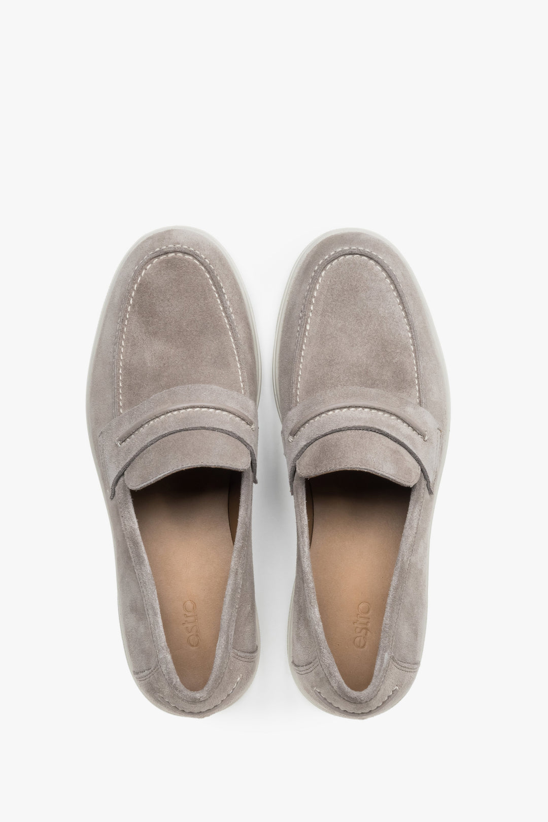 A pair of men's casual loafers by Estro, constructed from premium Italian velour in a beige color.
