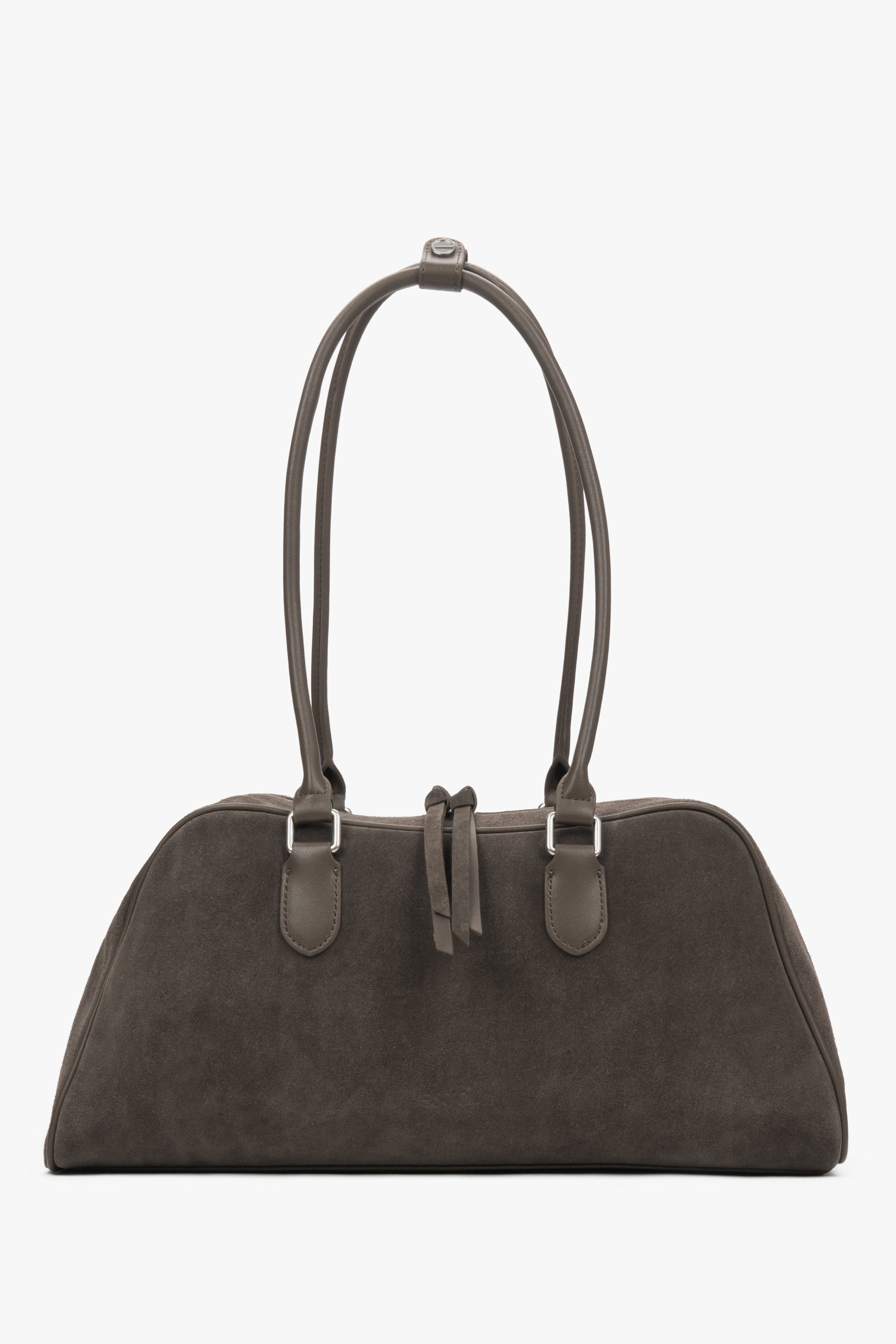 Women's beige and grey velour shoulder bag with long handles by Estro.