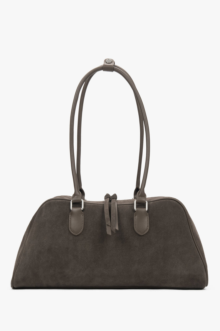 Women's beige and grey velour shoulder bag with long handles by Estro.