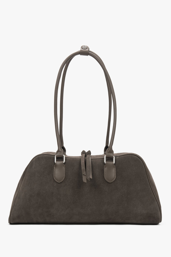 Women's beige and grey velour shoulder bag with long handles by Estro.