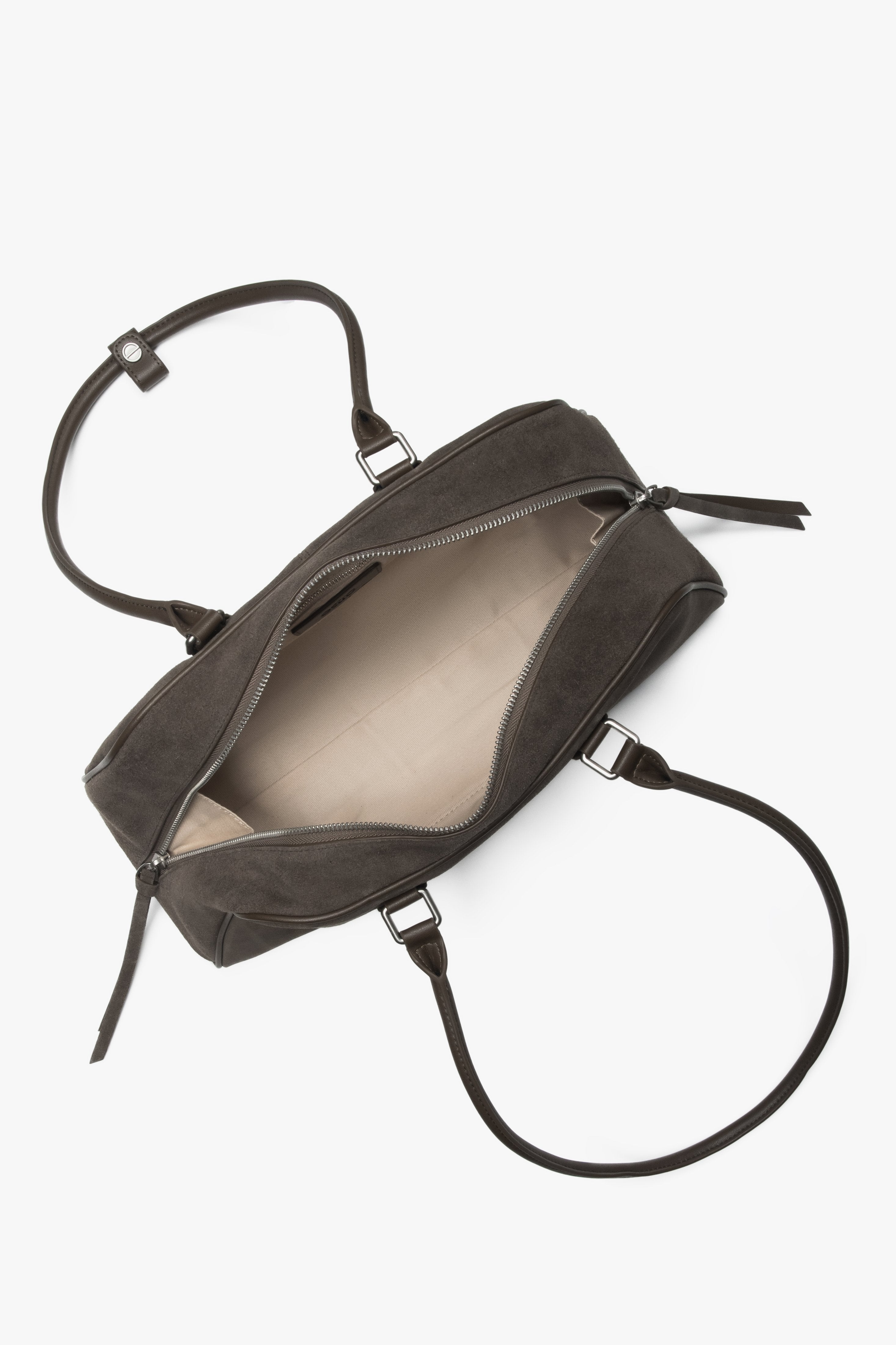 Front view of the women's Estro shoulder bag, showing the beige and grey velour and its long handle design.