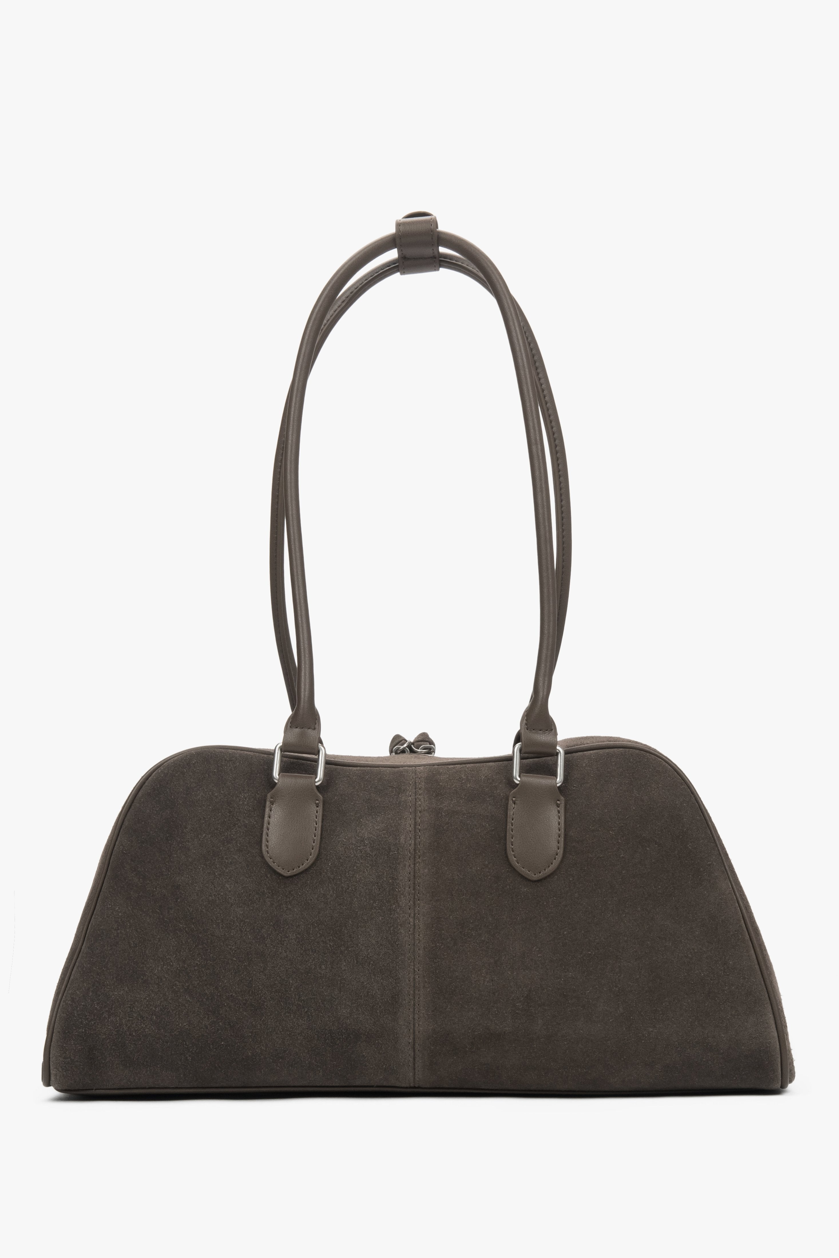 A women's shoulder bag by Estro, crafted from soft beige and grey velour with long handles for comfort.