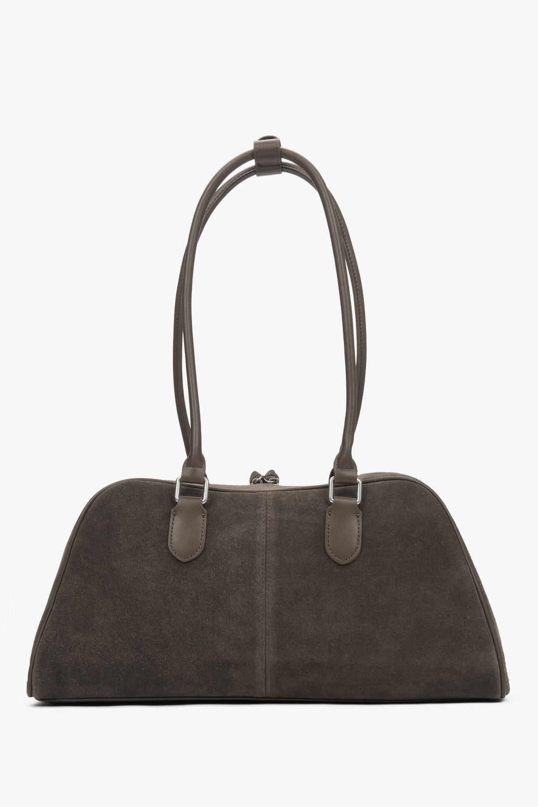 A women's shoulder bag by Estro, crafted from soft beige and grey velour with long handles for comfort.