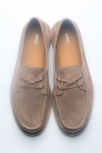 Women's beige nautical style velour lace-up loafers by Estro.