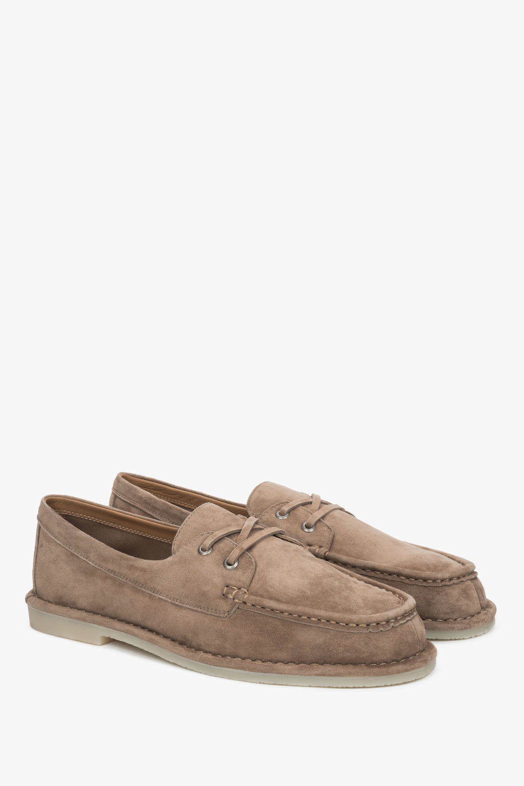 A pair of women's lace-up loafers in beige velour with a nautical design, by Estro.