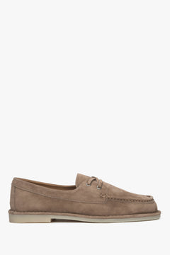 Women's beige velour loafers featuring a classic nautical lace-up style.