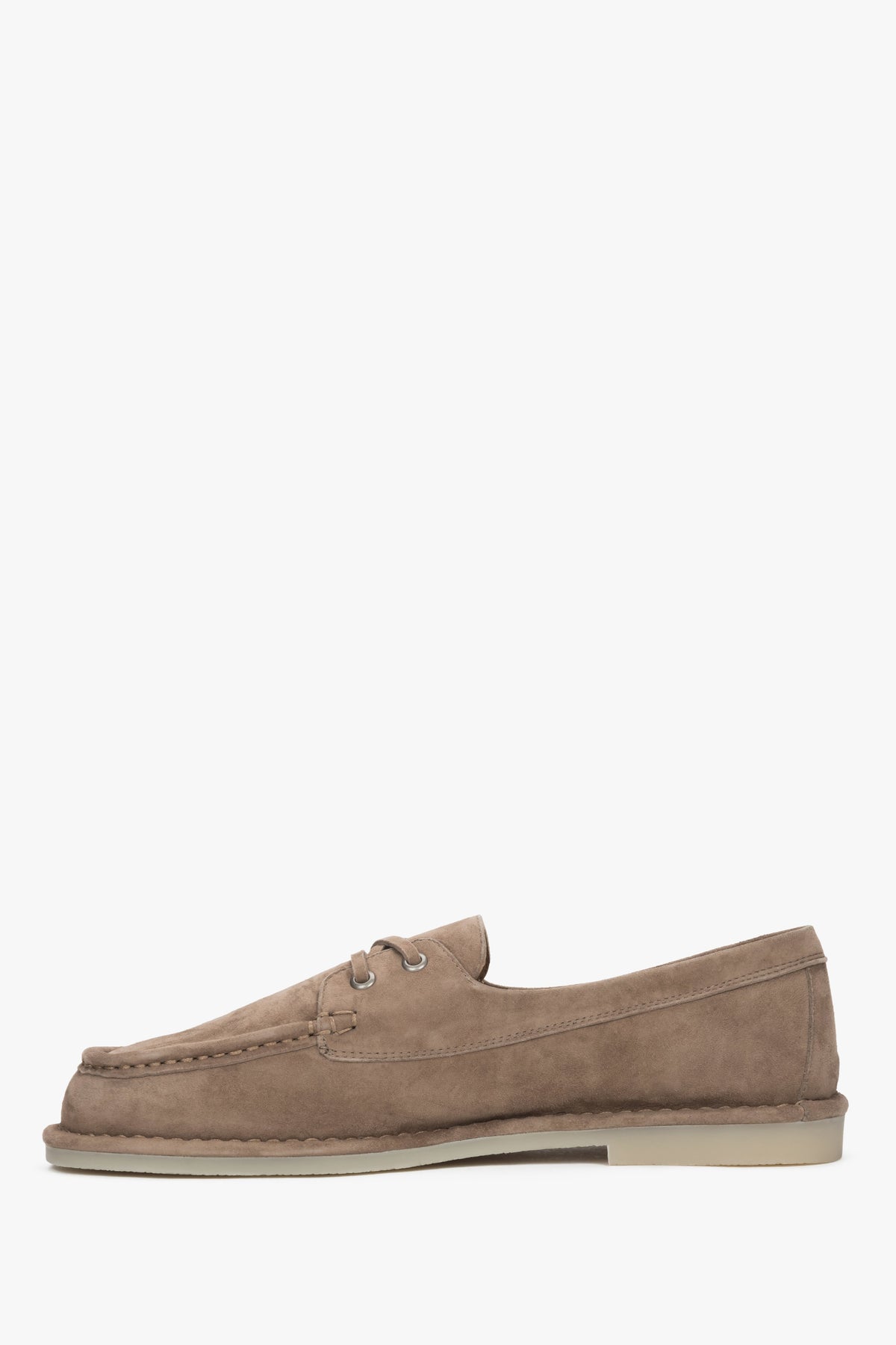 A pair of women's lace-up loafers in beige velour.