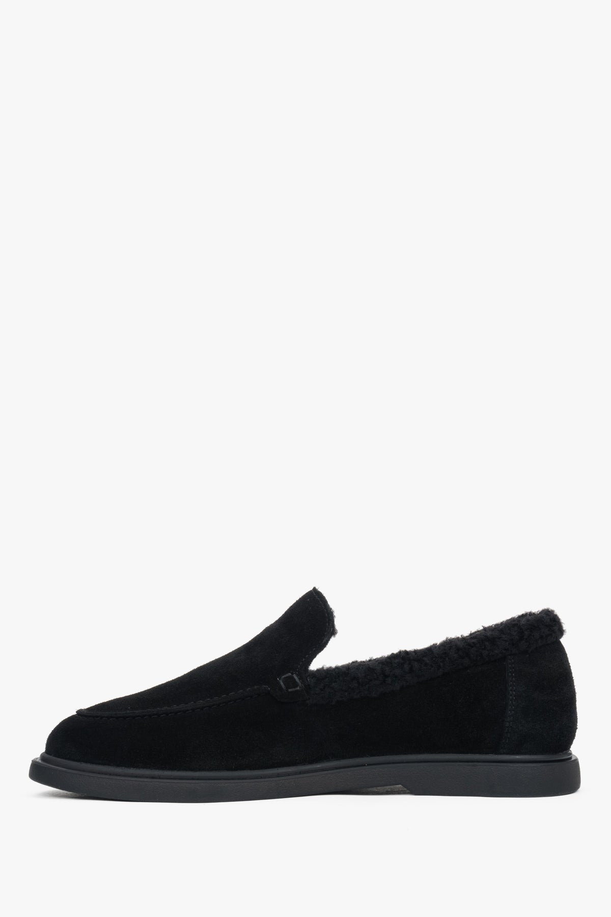 A pair of women's black loafers, crafted from velour and lined with soft fur.
