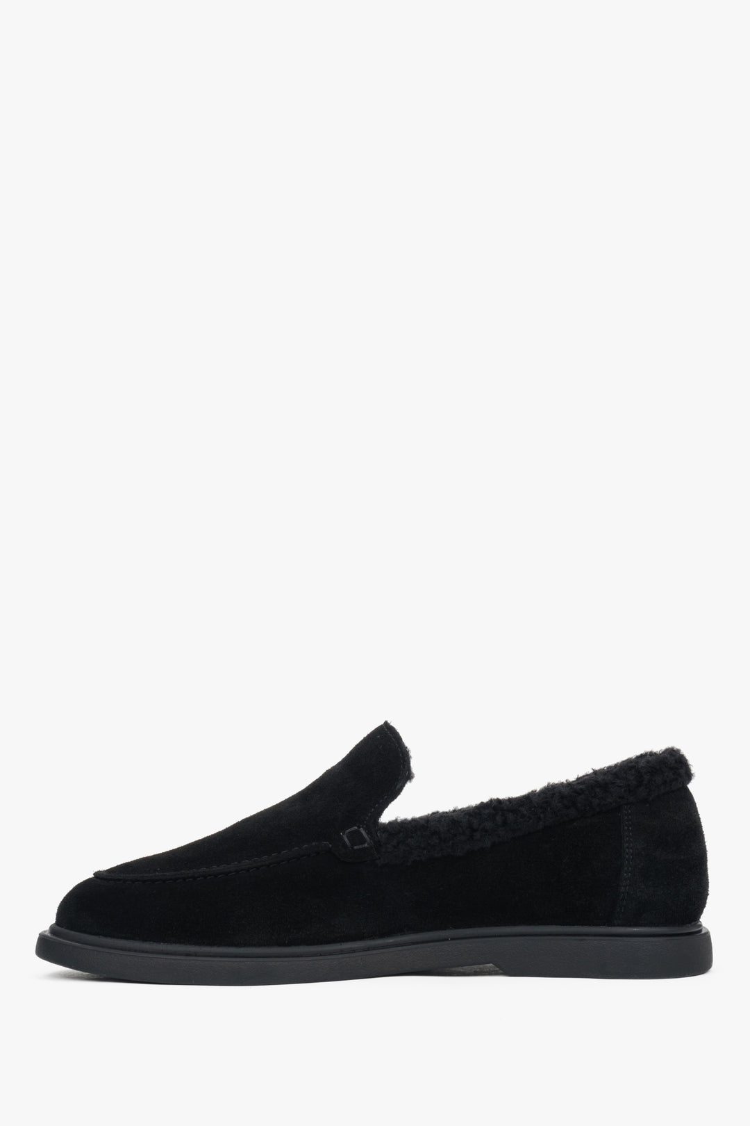 A pair of women's black loafers, crafted from velour and lined with soft fur.
