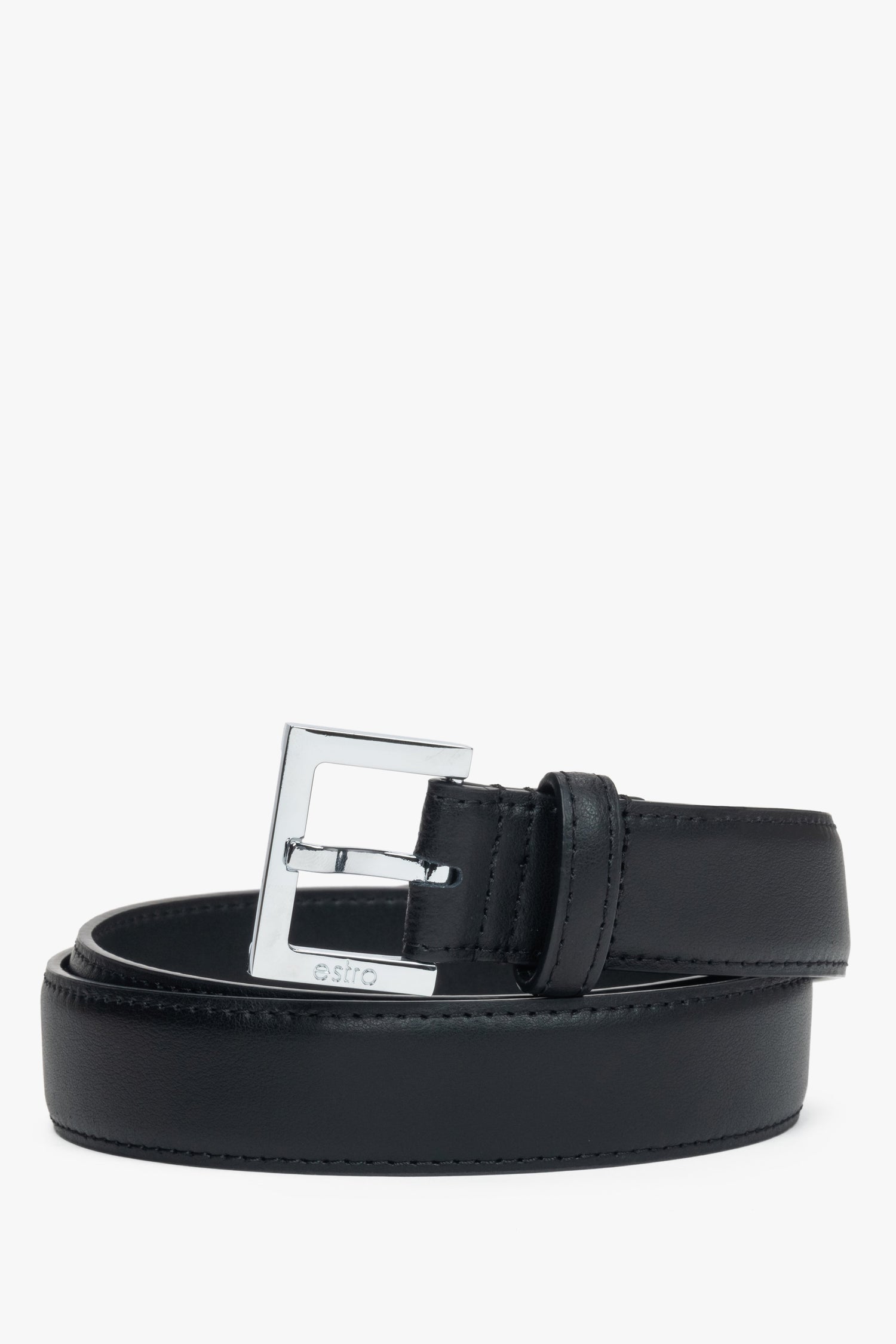 Classic Black Genuine Leather Belt with Silver Hardware Estro ER00116104.