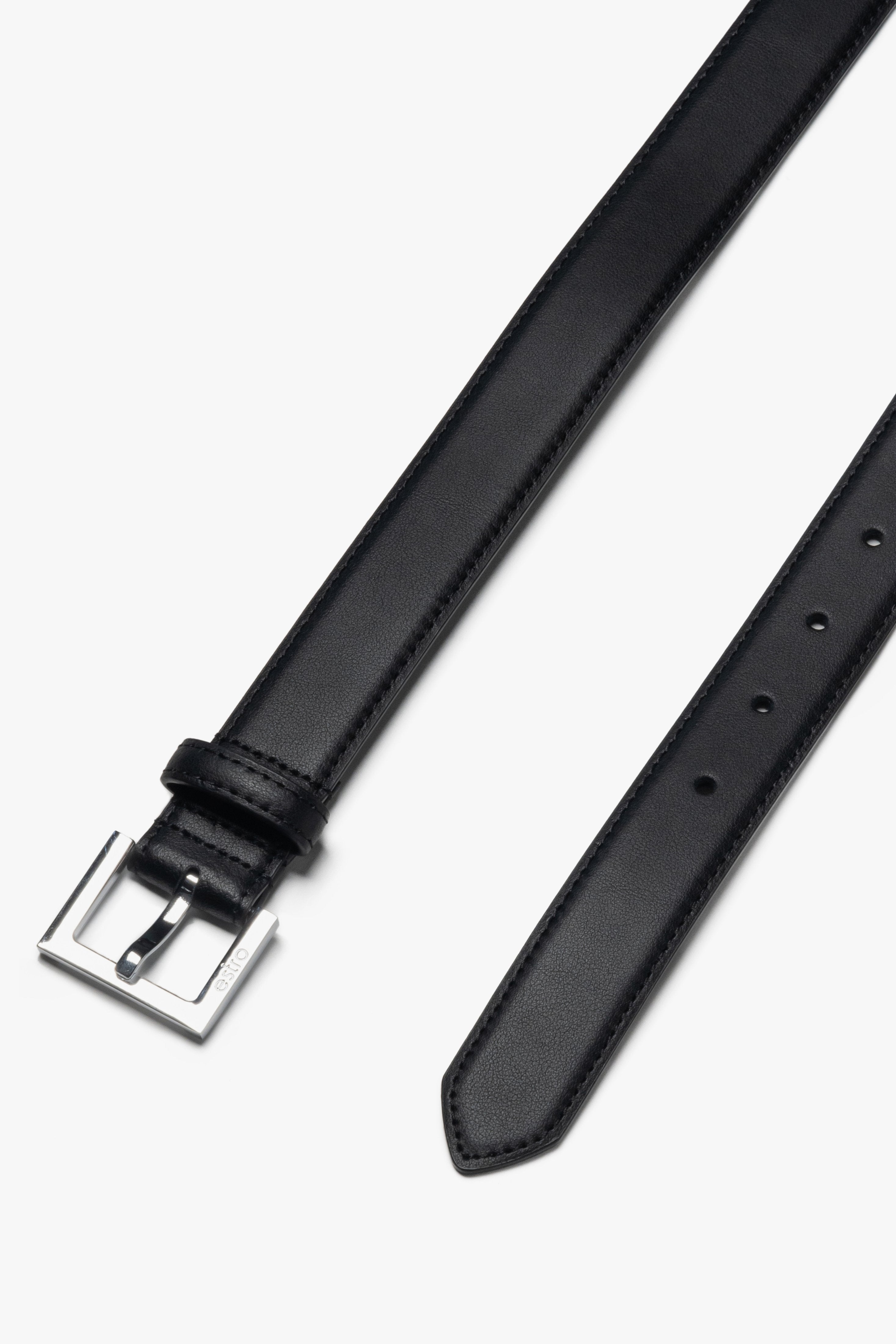 A black genuine leather belt by Estro (ER00116104), featuring classic silver hardware.