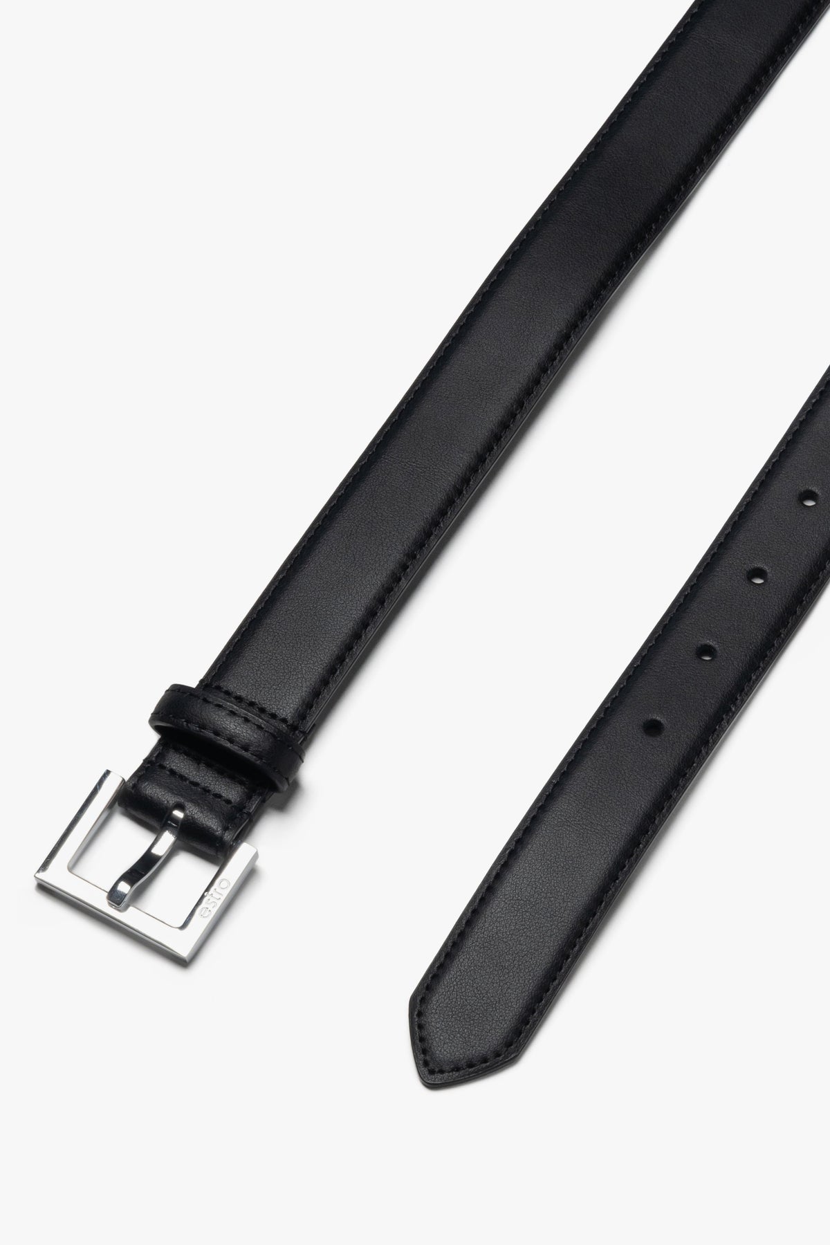 A black genuine leather belt by Estro (ER00116104), featuring classic silver hardware.