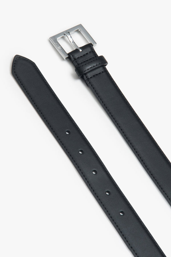 Women's black genuine leather belt with elegant silver details, Estro ER00116104.